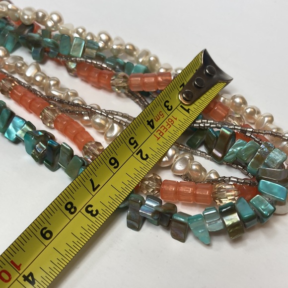 Multi Strand Blue Green Chunk Peach Imitation Pearl Necklace 23" - Picture 10 of 16